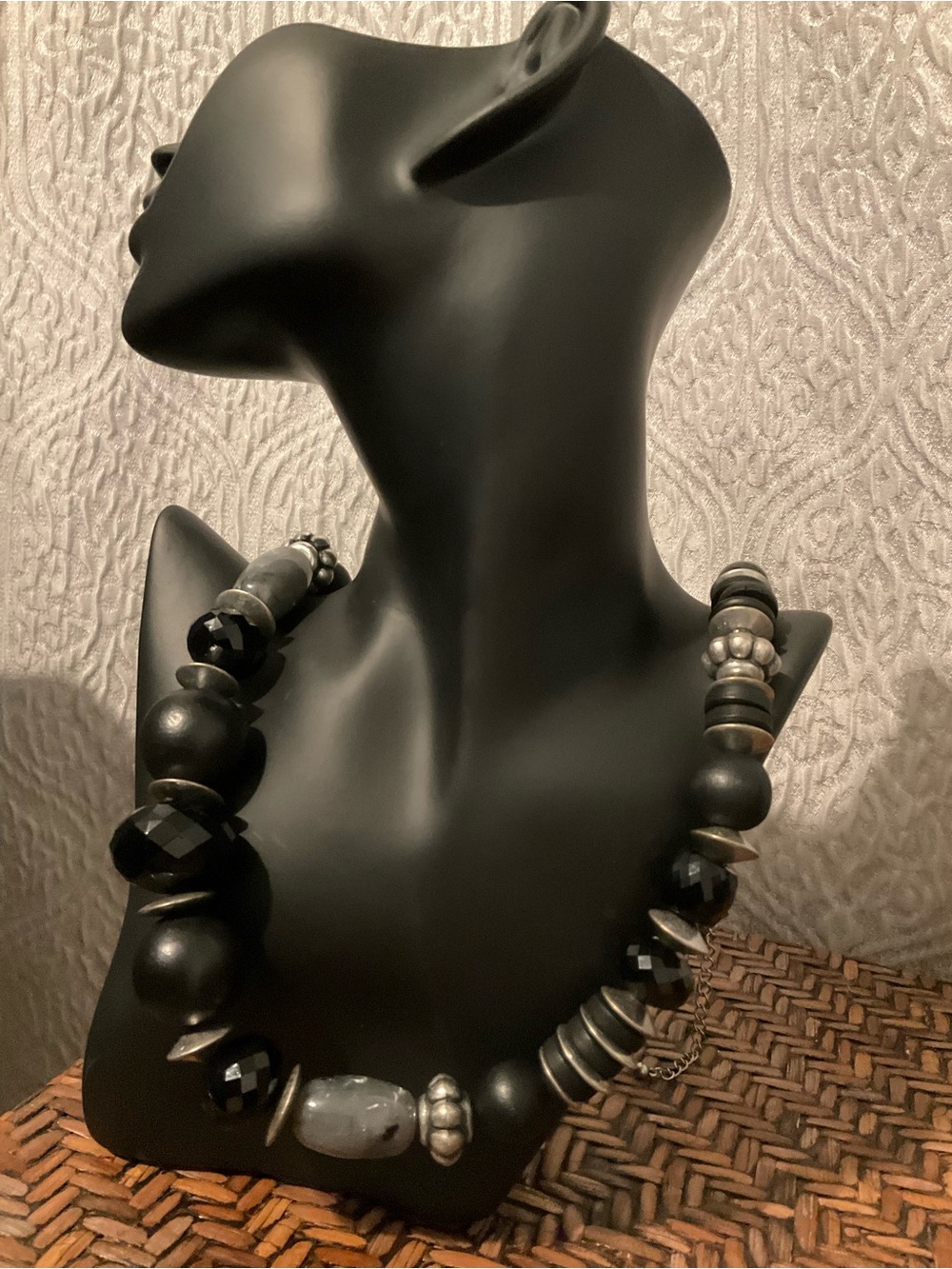 Handmade Statement Carved Design Black and Silver Beaded Necklace